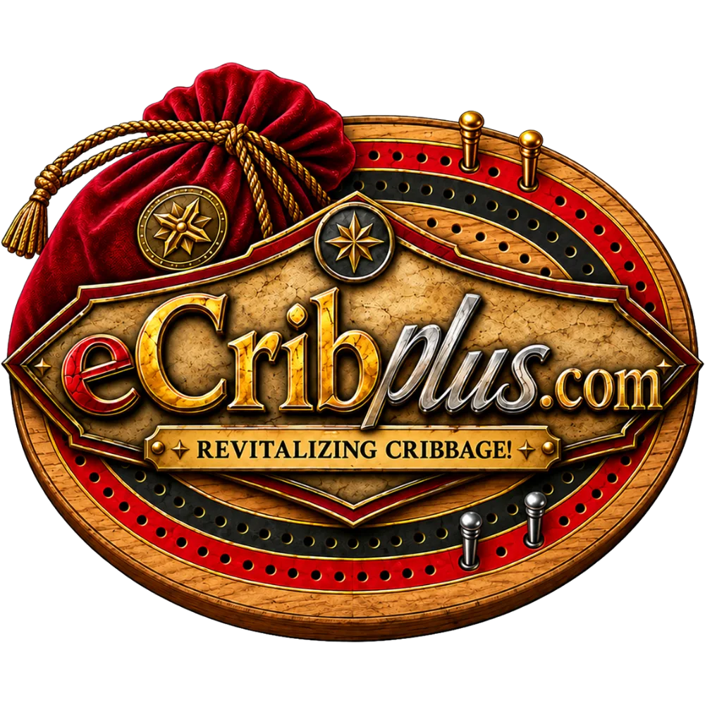 eCribplus.com: Revitalizing Cribbage! Logo on a wooden cribbage board
