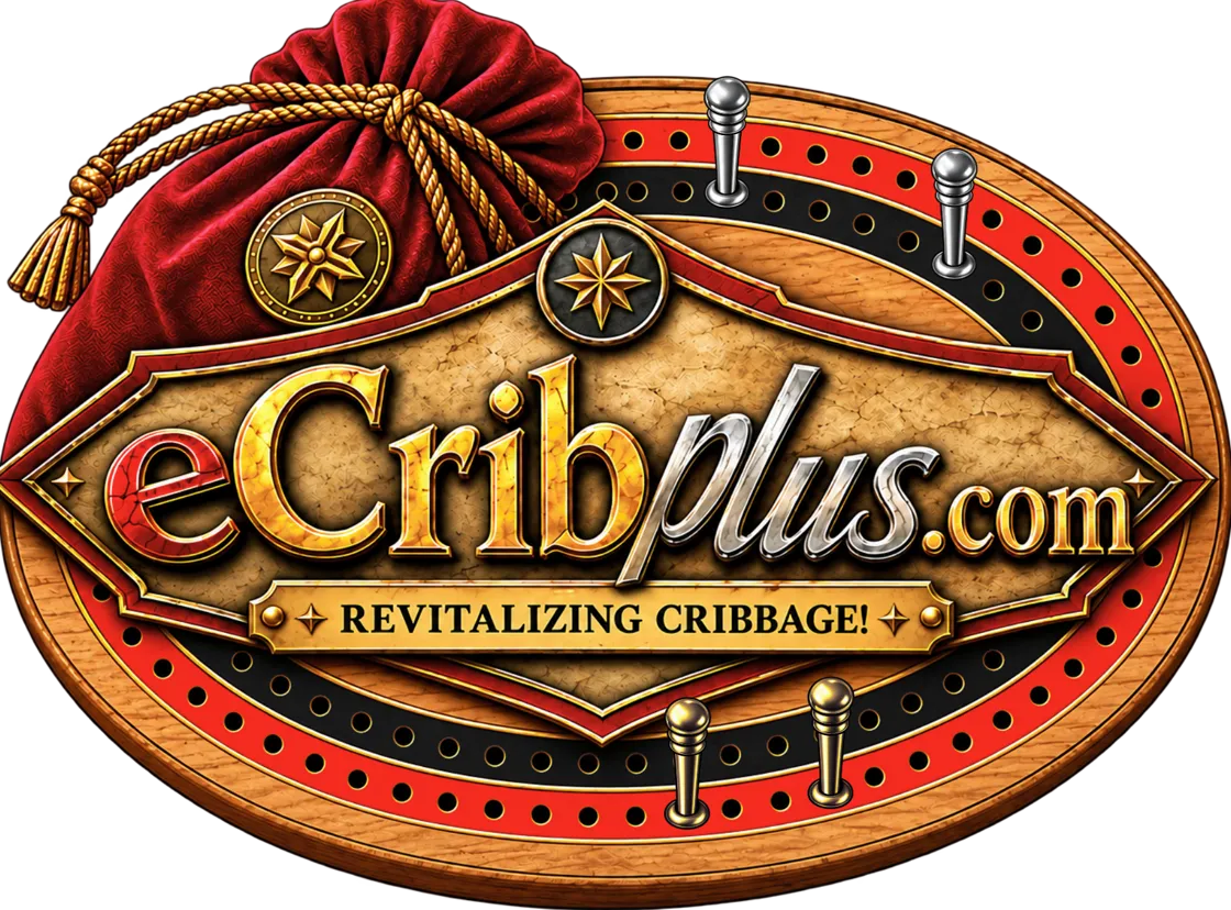 eCribplus.com: Revitalizing Cribbage! Logo on a wooden cribbage board