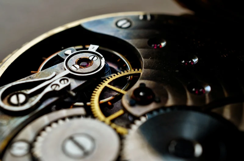 Close-up of the gears and jewels inside a mechanical watch
