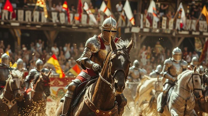 A knight on horseback riding through a crowded jousting arena